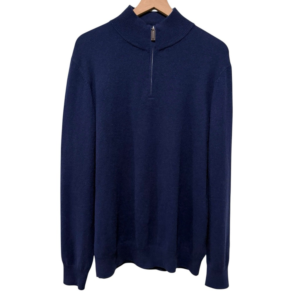 Tahari 100% Cashmere 1/4 Zip Sweater Mens Sz XL Blue Pullover Mock Neck Preppy